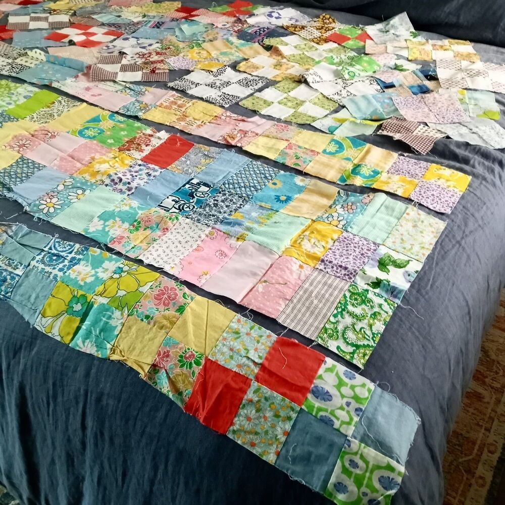 Vintage1960s Patterns Quilting Squares Fabric Lot Blocks Cotton Hand Stitched
